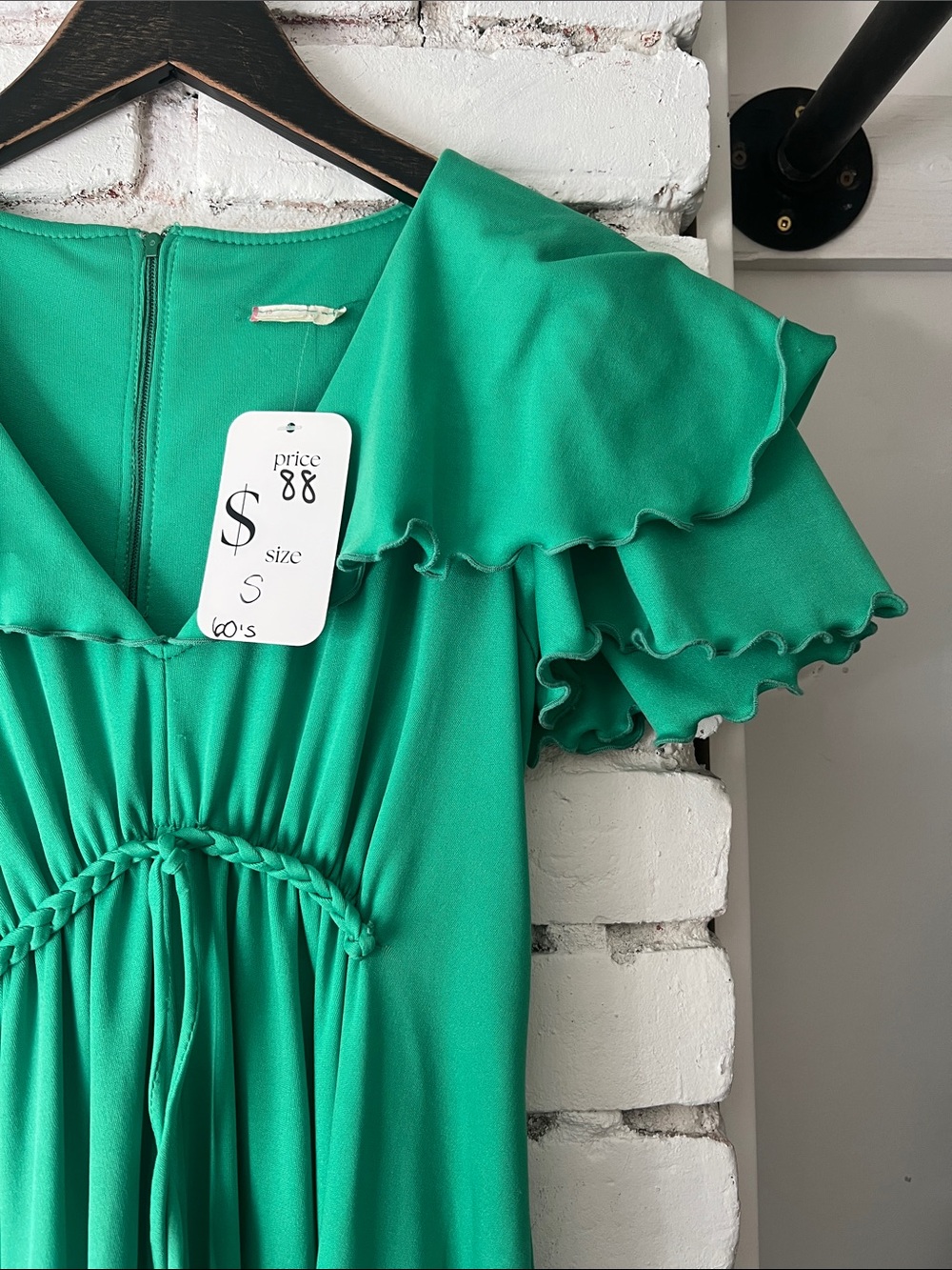Vintage Emerald Green Ruffle-Sleeve Maxi Dress hand made dress - Picture 5 of 10